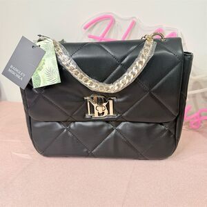 Badgley Mischka Quilted Black Crossbody Bag Gold Chain large vegan leather gift